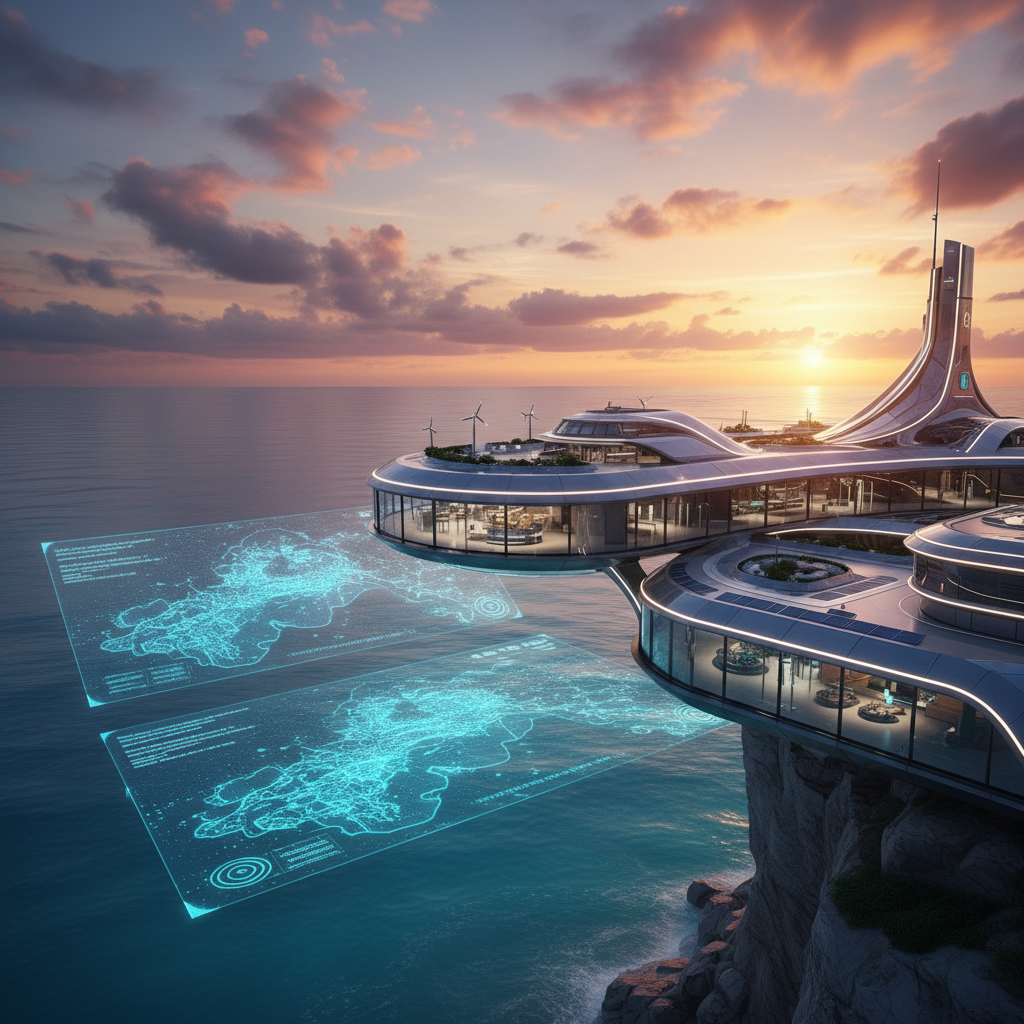 Edificio futurista de varios niveles sobre el mar y un acantilado al atardecer, con turbinas eólicas, paneles solares y dos pantallas holográficas azules que muestran mapas de datos sobre el agua.