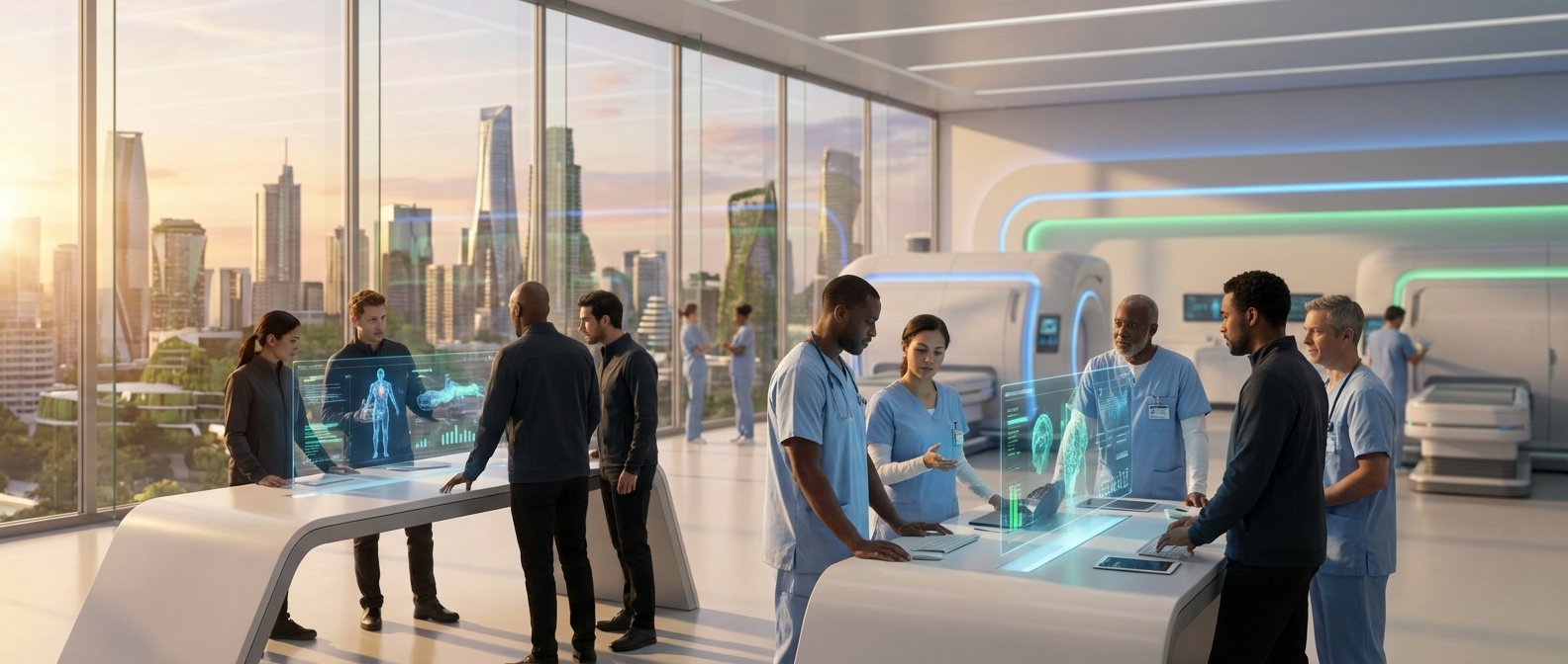Un grupo diverso de profesionales de la salud y tecnólogos en un entorno médico futurista, interactuando con pantallas holográficas que muestran anatomía humana y escáneres cerebrales, con vistas a una ciudad moderna al atardecer.