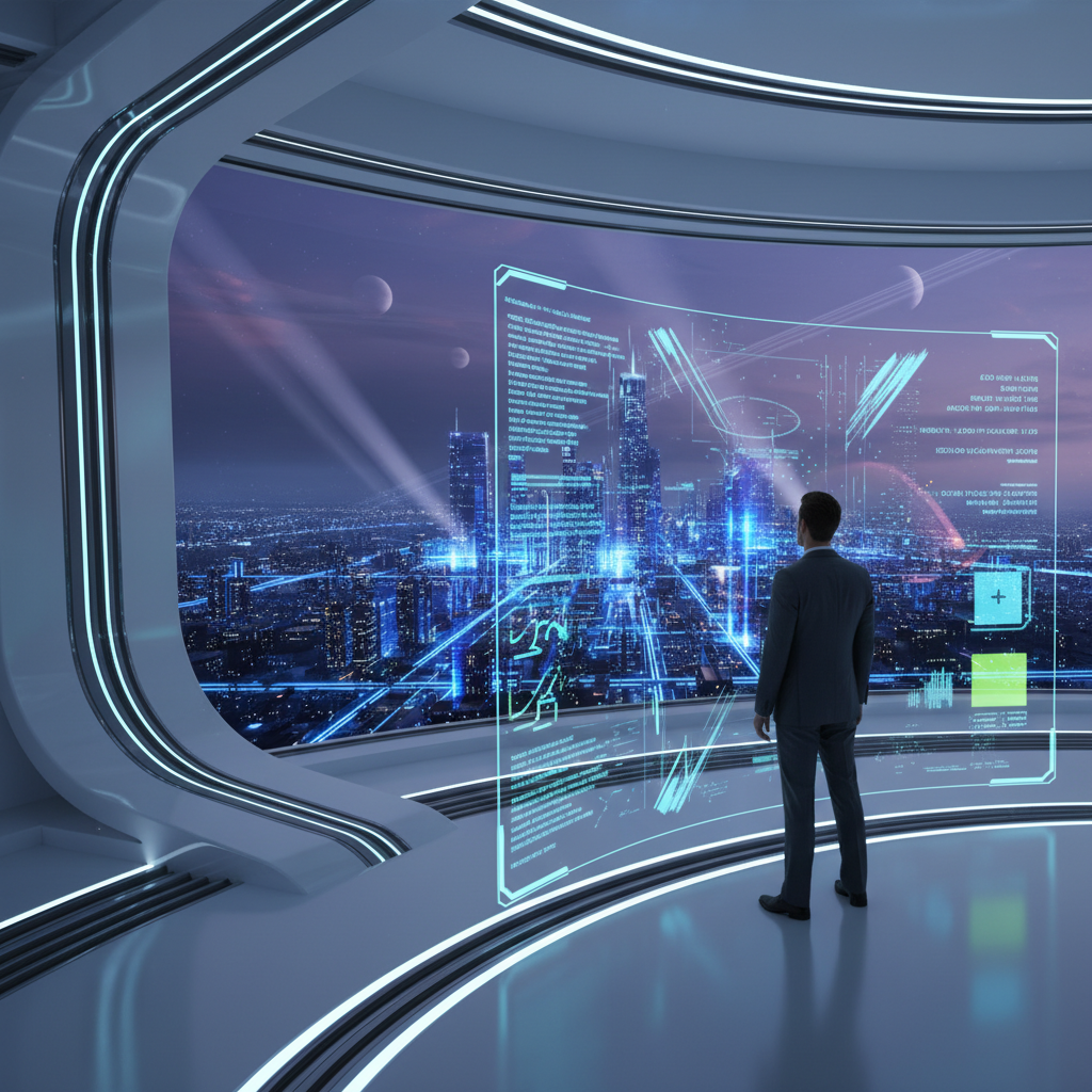 Un hombre de espaldas vestido con traje oscuro observa una pantalla holográfica interactiva con datos y gráficos. Al fondo, se aprecia una ciudad futurista iluminada por la noche, con rascacielos, haces de luz y cuerpos celestes como lunas y un planeta anillado.