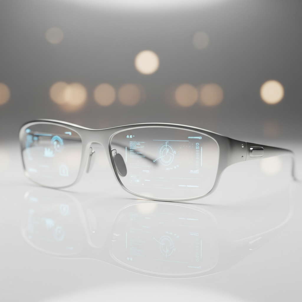 Unas gafas inteligentes con montura plateada mostrando interfaces holográficas azules de realidad aumentada en las lentes, sobre una superficie reflectante con luces bokeh de fondo.