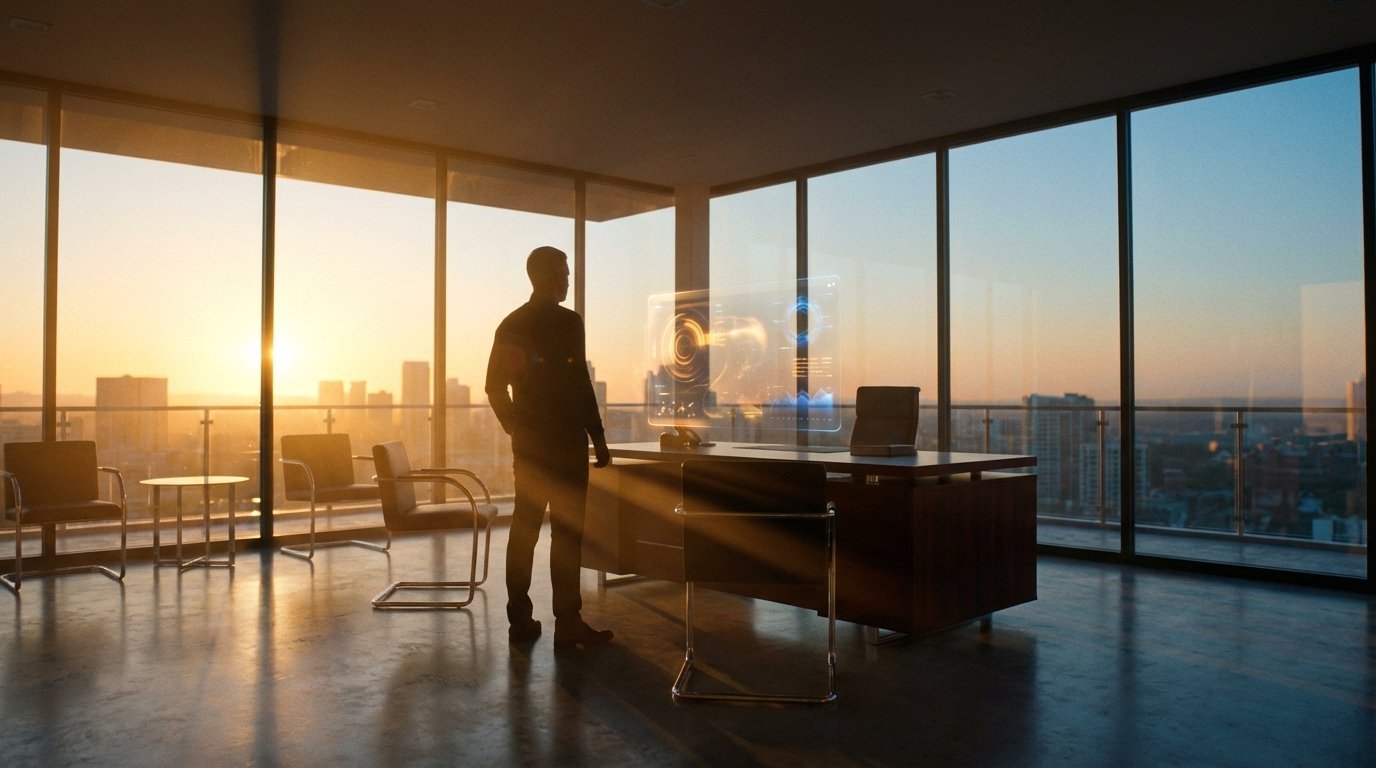 Hombre de negocios en silueta de pie en una oficina moderna con grandes ventanales, observando una pantalla holográfica transparente sobre un escritorio con datos. El atardecer ilumina la oficina y la ciudad al fondo.