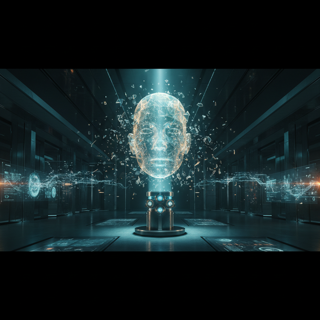 Una cabeza humana holográfica poligonal brillante, compuesta de líneas de luz y fragmentos dispersos, flotando sobre un pedestal futurista en una sala oscura de alta tecnología con interfaces digitales.