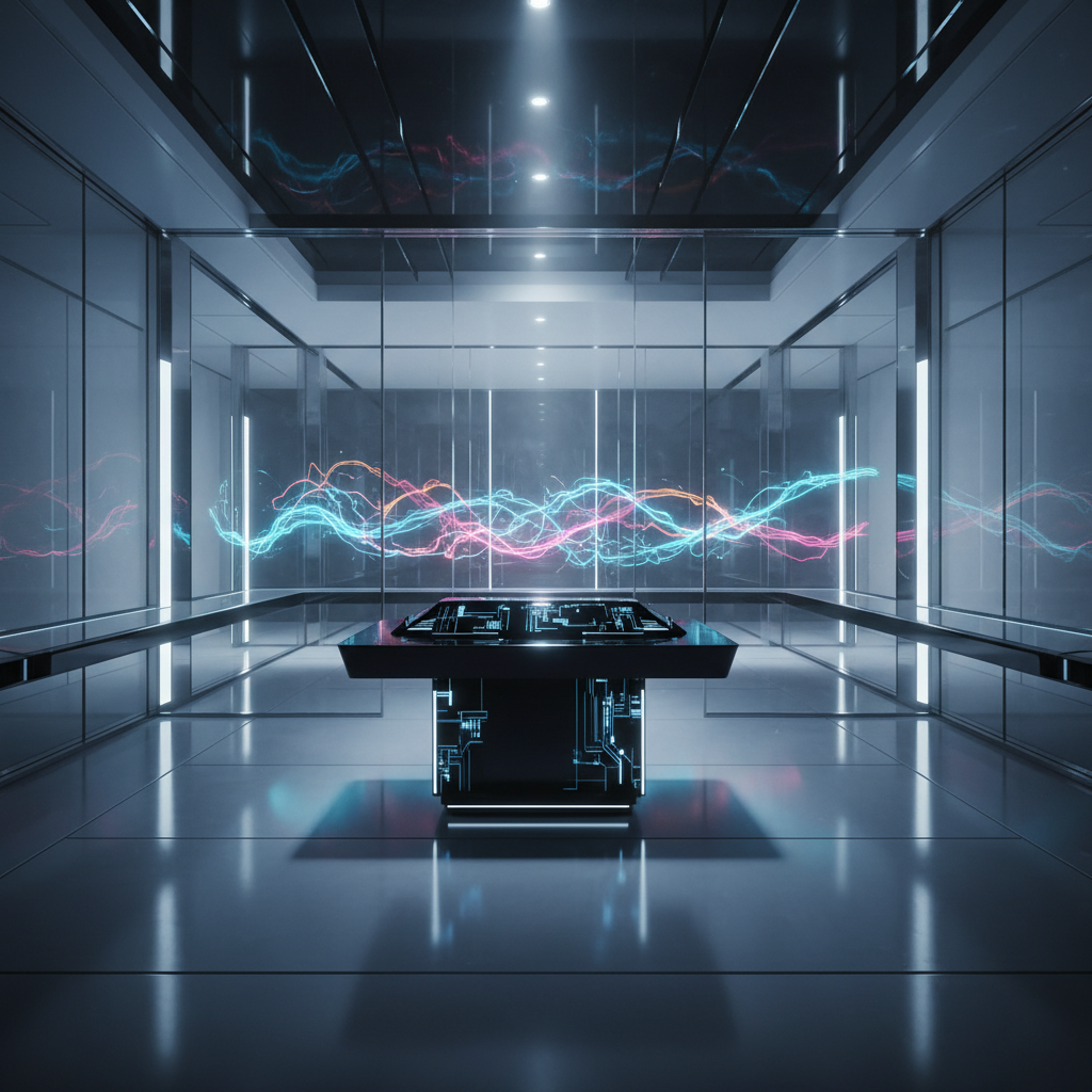 Sala futurista de tecnología avanzada con paredes de cristal, una mesa de control central oscura con detalles luminosos azules y visualizaciones de ondas de energía en colores azul, rosa y naranja.