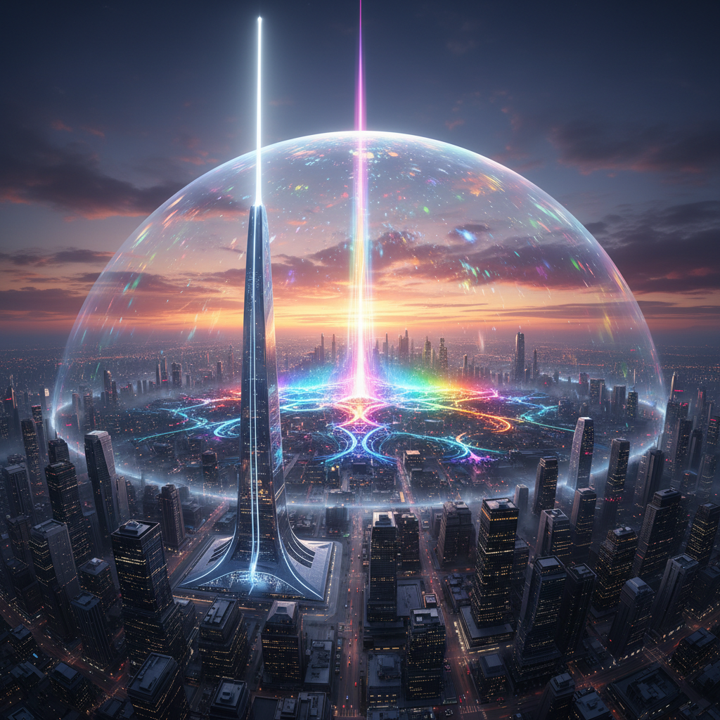 Vista aérea de una ciudad futurista al atardecer, cubierta por un gran domo de energía transparente. Un rascacielos alto emite un haz de luz blanco hacia arriba y otro haz de luz multicolor se eleva desde el centro, con patrones luminosos interconectados en el suelo entre los edificios.} {