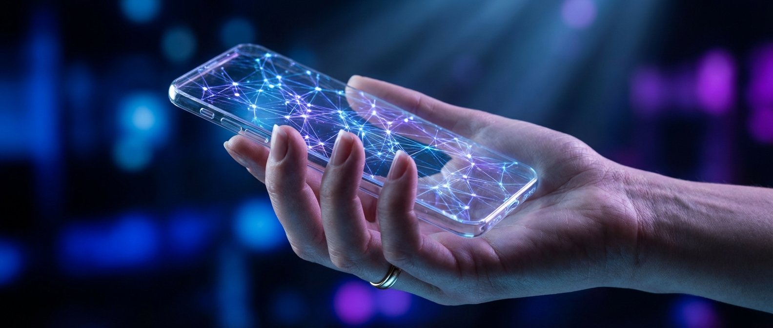 Mano sosteniendo un smartphone transparente con una red digital luminosa en tonos azules y púrpuras. El fondo es oscuro con luces bokeh desenfocadas.