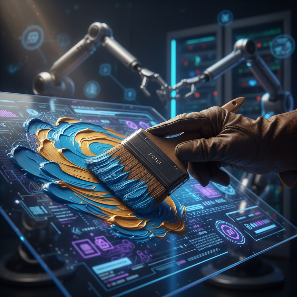 Una mano enguantada sostiene un pincel aplicando pintura azul y dorada sobre una pantalla digital transparente con gráficos tecnológicos. Al fondo, se ven brazos robóticos y servidores.