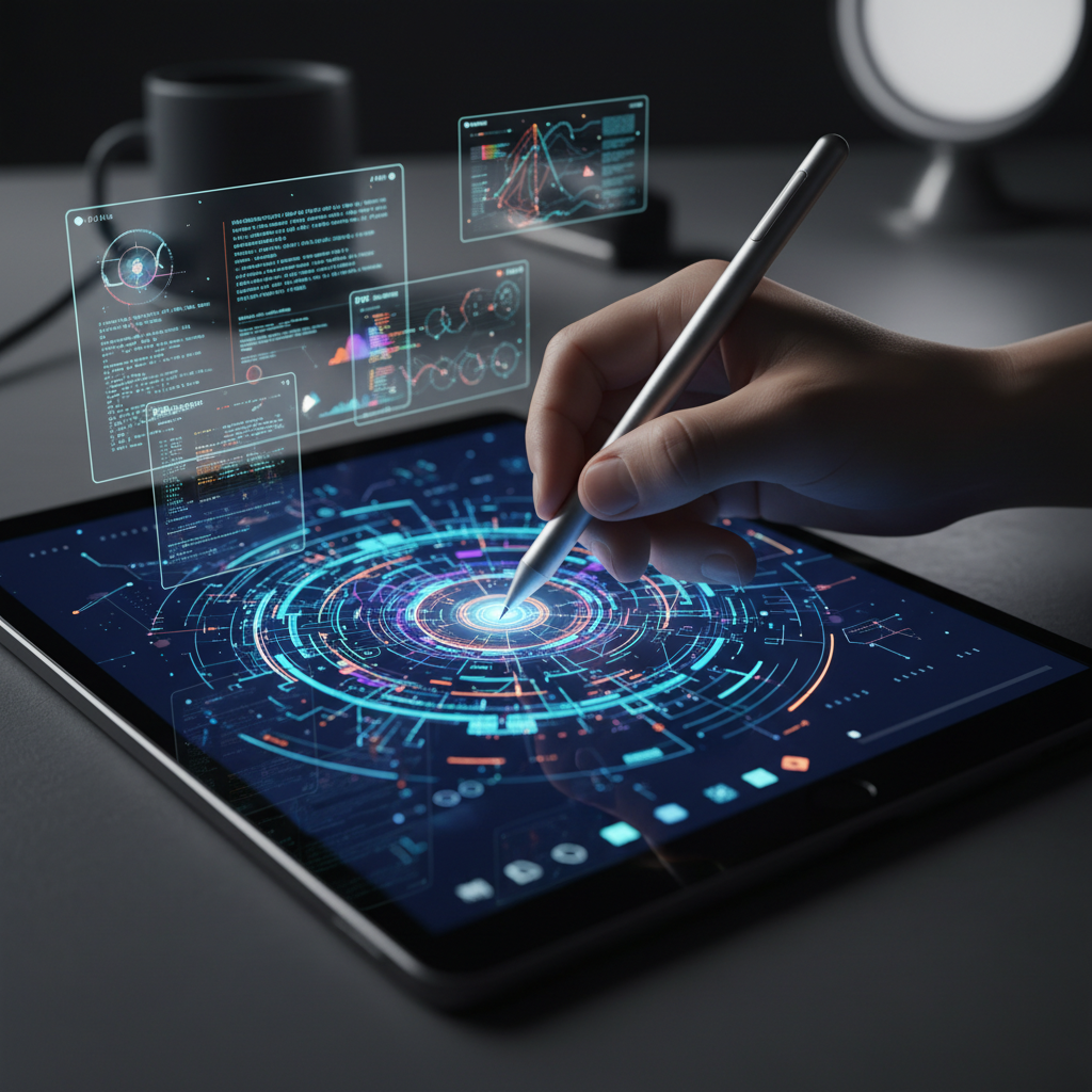 Mano utilizando un lápiz digital sobre una tablet que muestra una interfaz circular futurista y brillante, rodeada de pantallas holográficas flotantes con código y gráficos de datos.