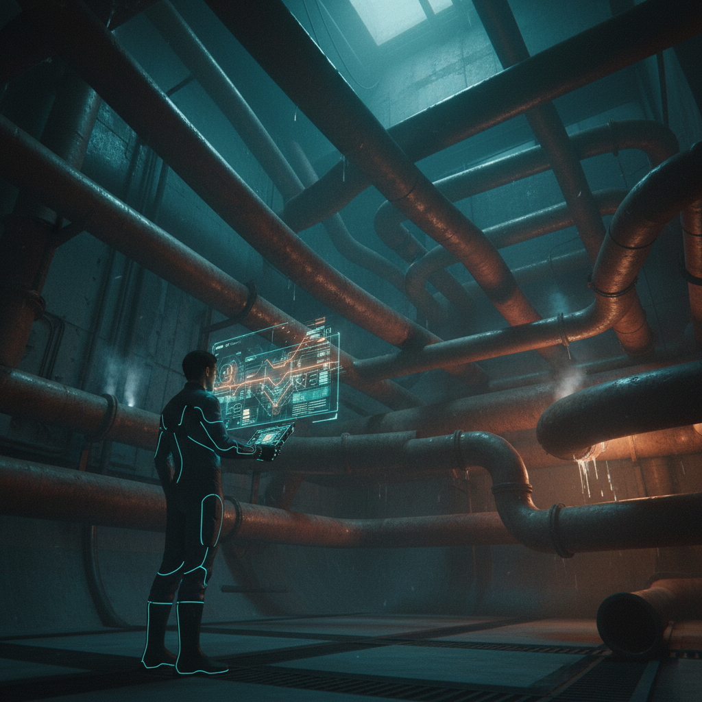 Un ingeniero con un traje futurista y luces de neón azules examina una pantalla holográfica interactiva con datos y gráficos. Está en una sala industrial subterránea, oscura y húmeda, rodeada de tuberías metálicas oxidadas por donde escapa vapor.