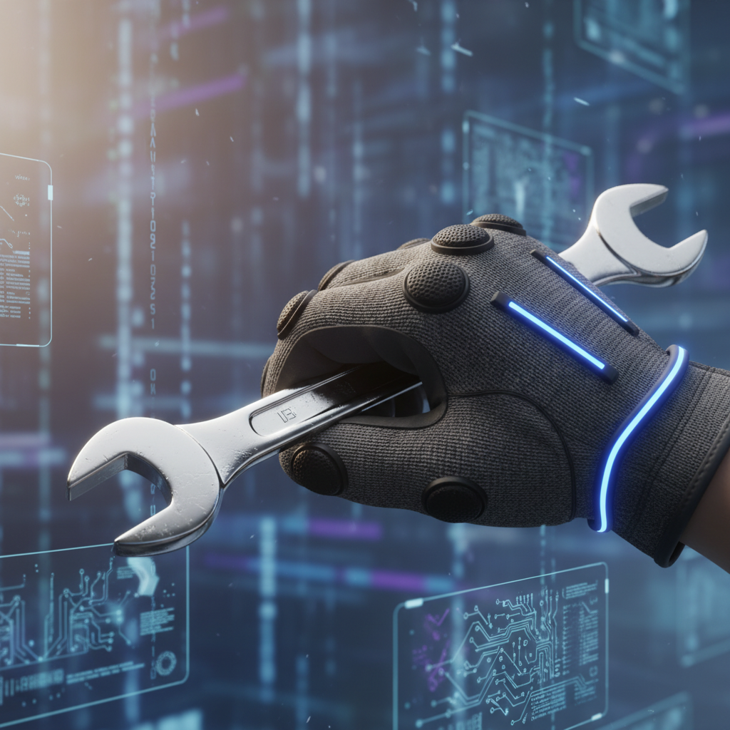 Una mano con un guante tecnológico oscuro iluminado con luces azules sostiene una llave inglesa plateada marcada con el número 13. El fondo muestra un entorno digital futurista con pantallas flotantes de circuitos y código.
