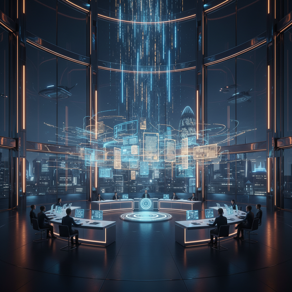 Sala de reuniones futurista con grandes ventanales y vista a una ciudad nocturna. Varias personas sentadas en mesas con pantallas iluminadas, alrededor de una plataforma central brillante. Flujos de datos digitales y hologramas con información flotan en el aire y sobre la ciudad.