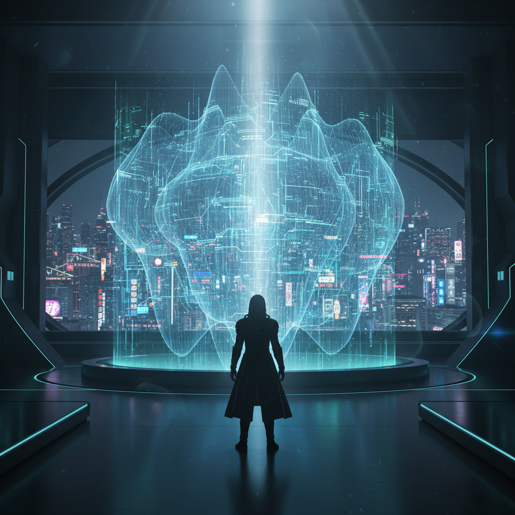 Persona de espaldas mirando una gran proyección holográfica azul brillante con líneas complejas en una sala futurista. Detrás de la proyección, se ve una ciudad nocturna iluminada con rascacielos y letreros de neón.