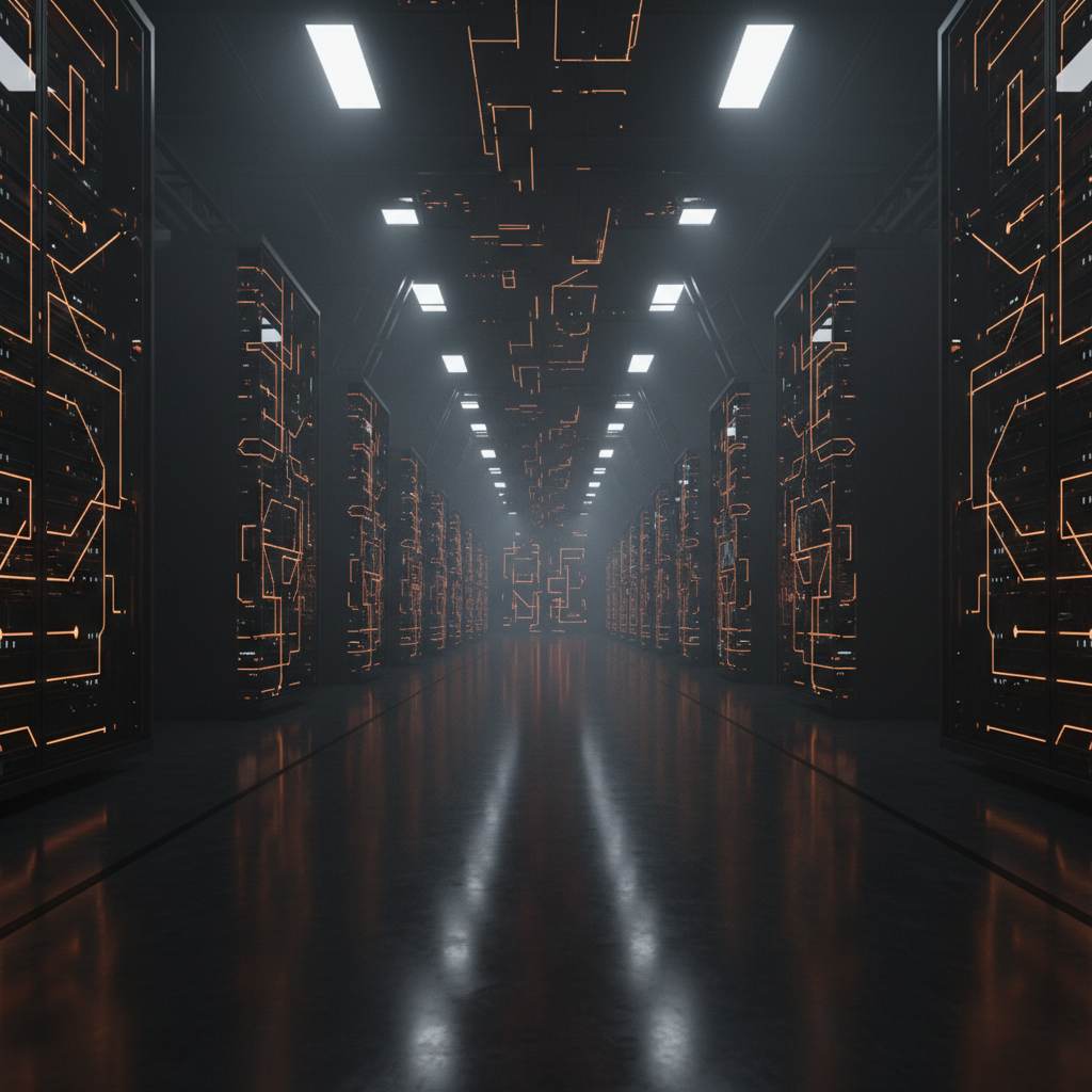 Pasillo largo y oscuro de un centro de datos con filas de servidores a ambos lados, iluminados con patrones de circuitos naranjas y luces rectangulares blancas en el techo reflectante.