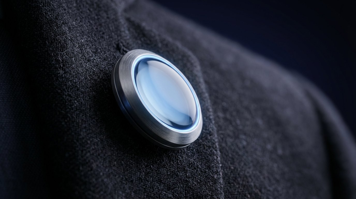 Un dispositivo circular de metal cepillado con un centro de cristal azul y una luz azul brillante, sujeto a una tela oscura y texturizada.