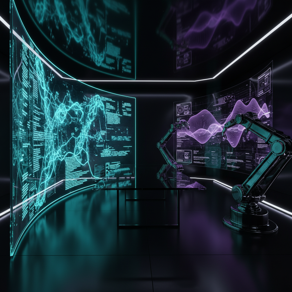 Una sala de control futurista con pantallas curvas que muestran visualizaciones de datos y código en tonos cian y púrpura. Dos brazos robóticos se posicionan frente a una de las pantallas, en un ambiente oscuro con iluminación de neón.