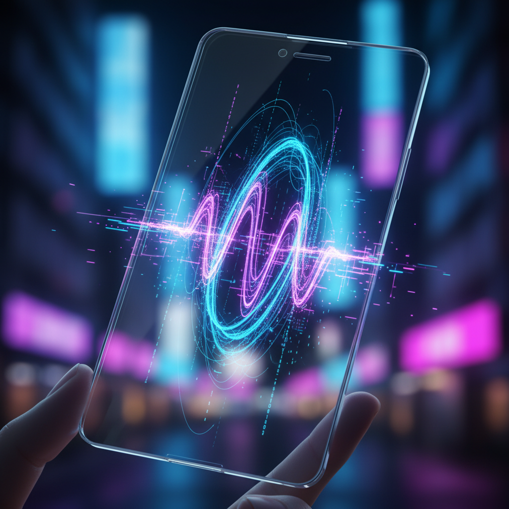 Una mano sostiene un smartphone transparente que muestra una interfaz digital futurista con ondas luminosas en tonos azul y morado, y elementos de datos, sobre un fondo urbano nocturno borroso.