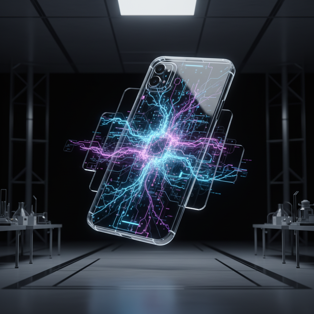 Smartphone transparente flotando en un laboratorio oscuro, mostrando circuitos internos luminosos en tonos azul y rosa que emanan de un núcleo central. En el fondo se ven mesas con equipo de laboratorio y estructuras metálicas.