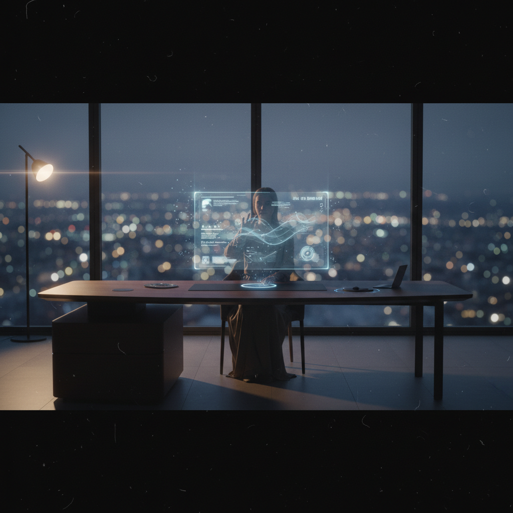 Una persona sentada en un escritorio interactúa con una pantalla holográfica que muestra datos y gráficos, con un fondo de ciudad nocturna iluminada a través de grandes ventanas.