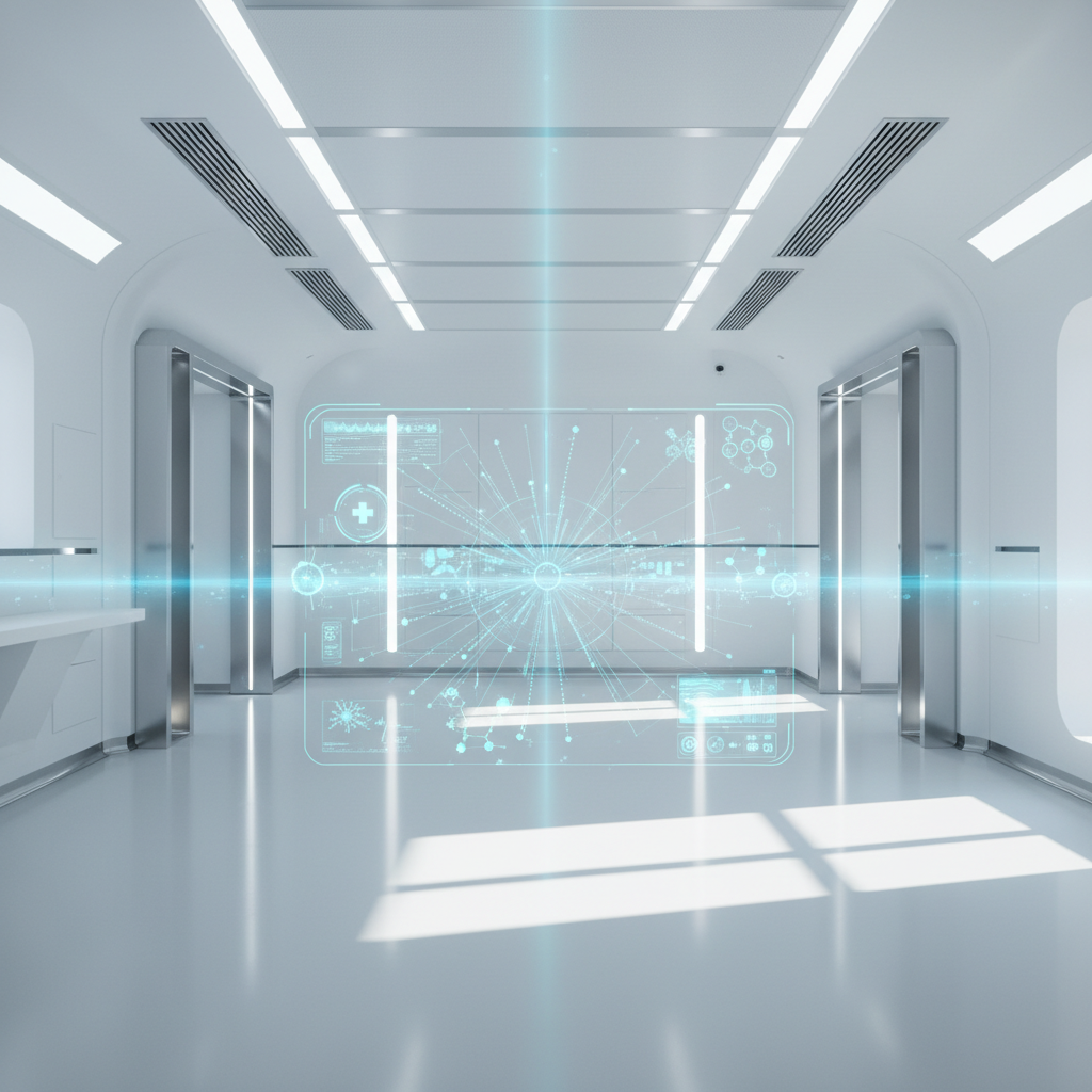 Pasillo moderno y blanco de estilo futurista con dos ascensores a los lados. En el centro, una interfaz holográfica azul brillante muestra gráficos, datos, un símbolo de cruz médica y un diagrama de red, atravesada por un haz de luz. El suelo pulido refleja la luz del exterior.