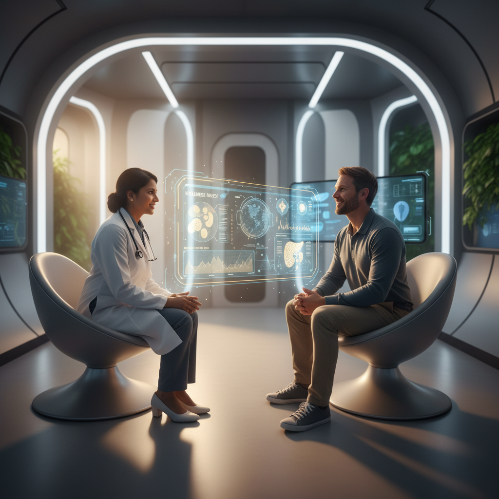 Una doctora y un paciente sonrientes interactúan frente a una pantalla holográfica con datos de salud en una sala médica futurista.} {