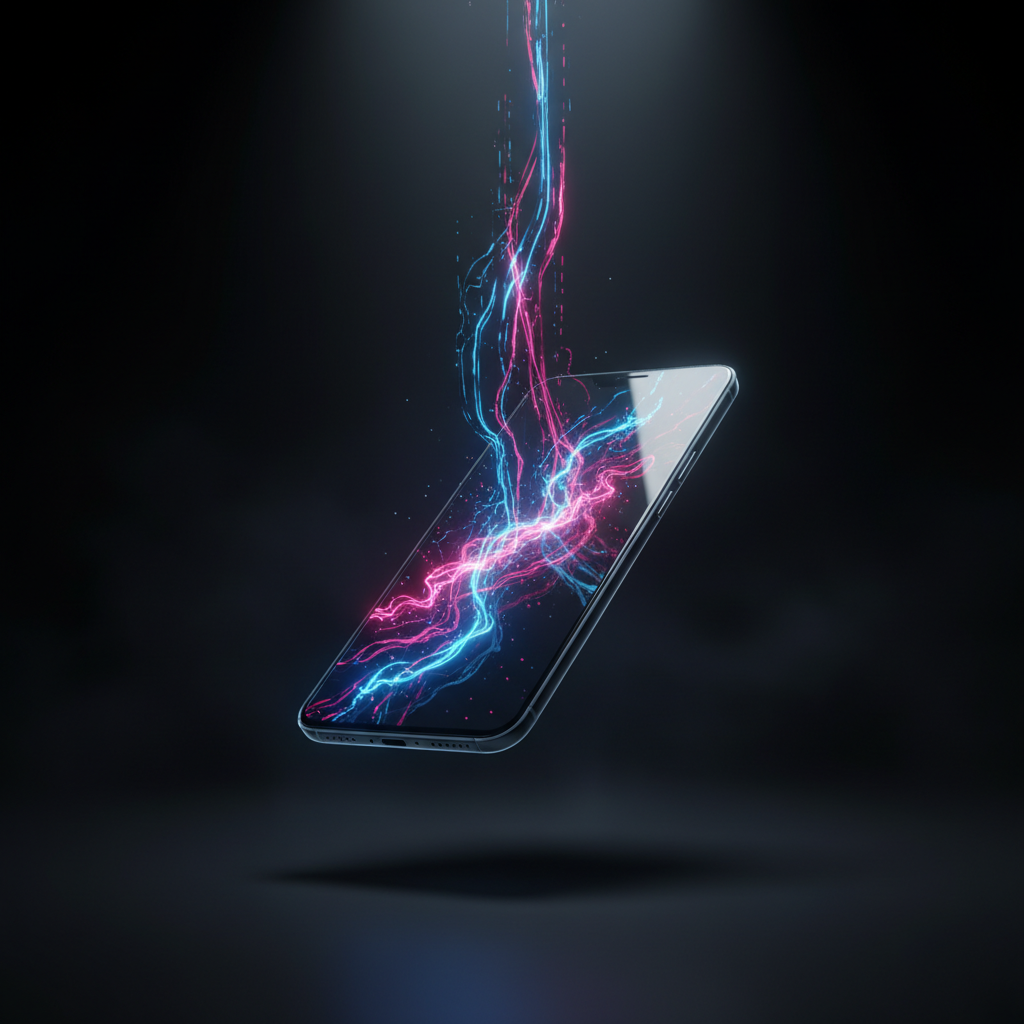 Un smartphone moderno flotando en un fondo oscuro, con líneas de energía luminosa en tonos azul y rosa fluyendo hacia y a través de su pantalla.