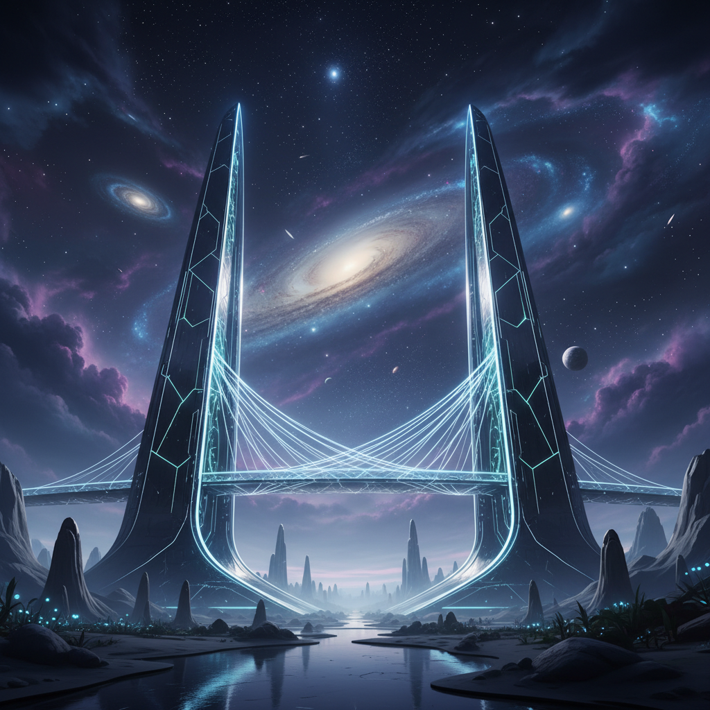 Un puente futurista de torres altas y estructura luminosa azul cruza un río en un paisaje alienígena. El cielo nocturno está lleno de galaxias espirales, estrellas brillantes y nubes cósmicas púrpuras, con formaciones rocosas y plantas en las orillas.} {