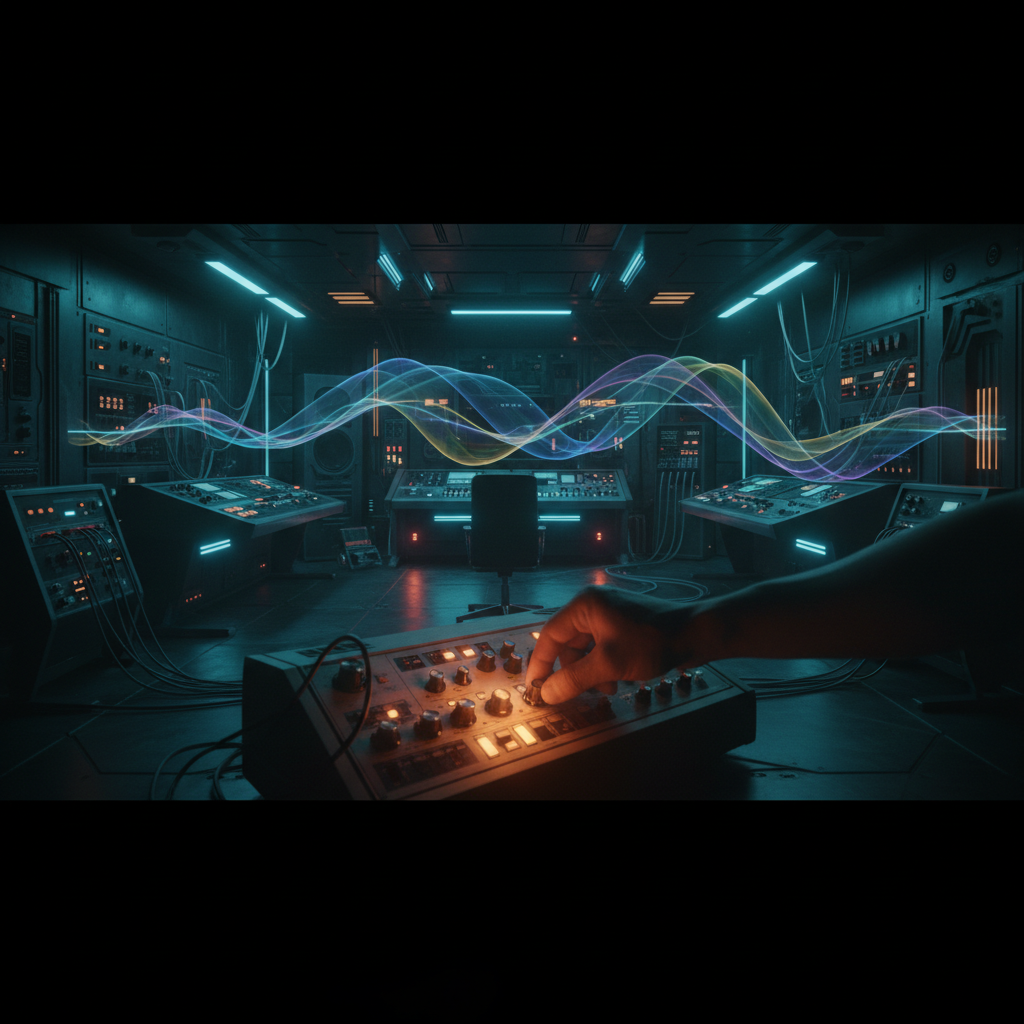 Una mano ajusta un potenciómetro en una consola de control con luces naranjas y azules, en una sala de estudio o centro de comando oscuro y futurista, con ondas de sonido coloridas flotando en el aire sobre varias mesas de mezclas.