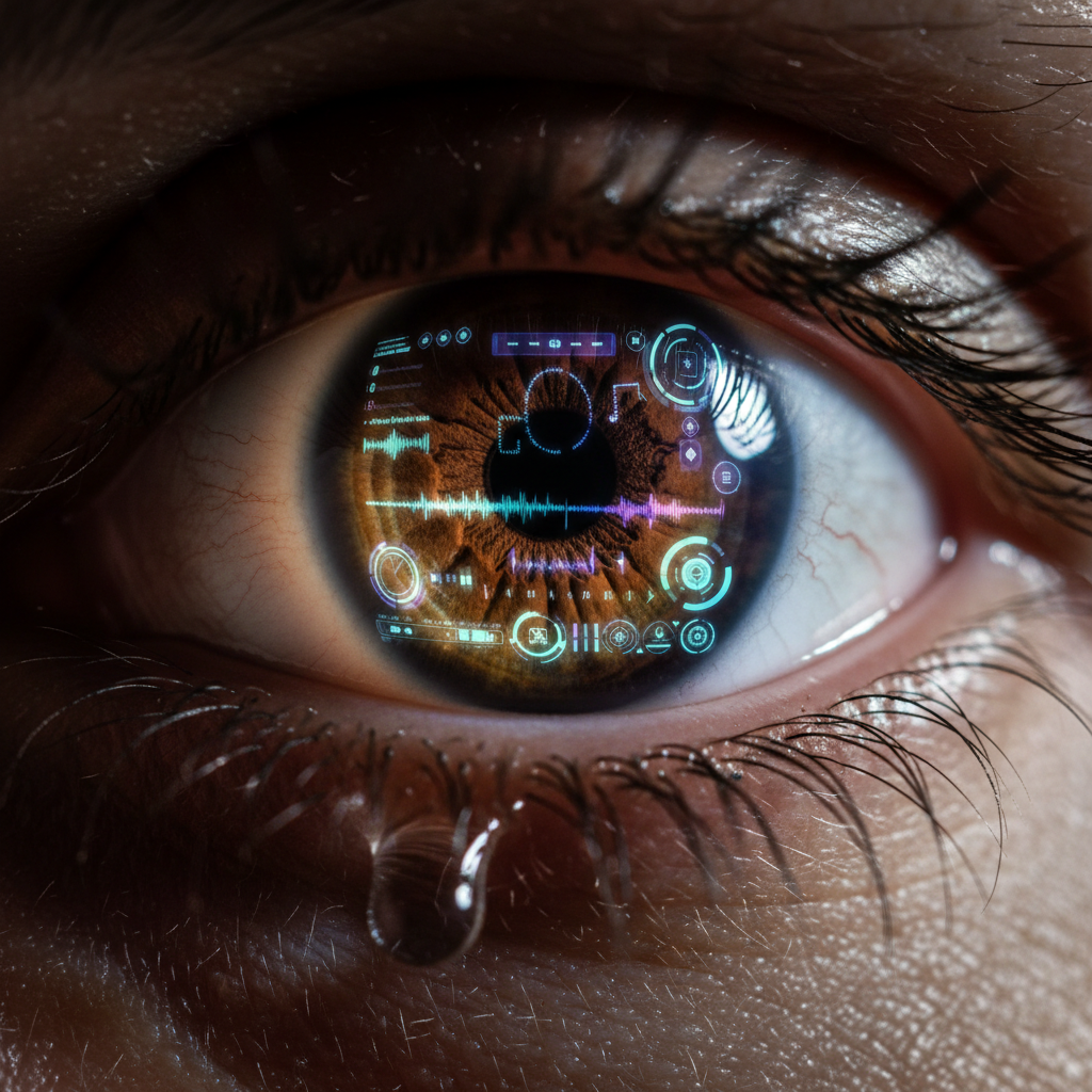 Primer plano de un ojo humano con iris marrón, mostrando una interfaz digital proyectada con gráficos de onda de sonido y elementos HUD, y una lágrima cayendo del párpado inferior.