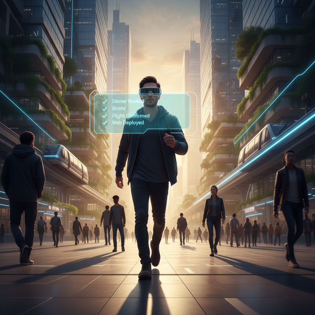Un hombre con gafas de realidad aumentada camina por una avenida urbana futurista al atardecer, viendo una interfaz holográfica que muestra tareas completadas como 'Dinner Booked' y 'Flight Confirmed'. Alrededor hay edificios modernos con jardines verticales, un tren elevado y otros peatones.} {