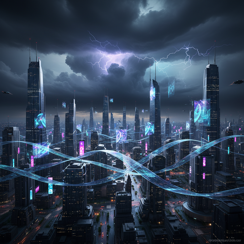 Una ciudad futurista con rascacielos altos bajo un cielo oscuro con relámpagos. Flujos de luz azul y morada que simulan datos conectan los edificios, y pantallas holográficas flotan entre ellos. Algunos vehículos voladores se ven en el aire.