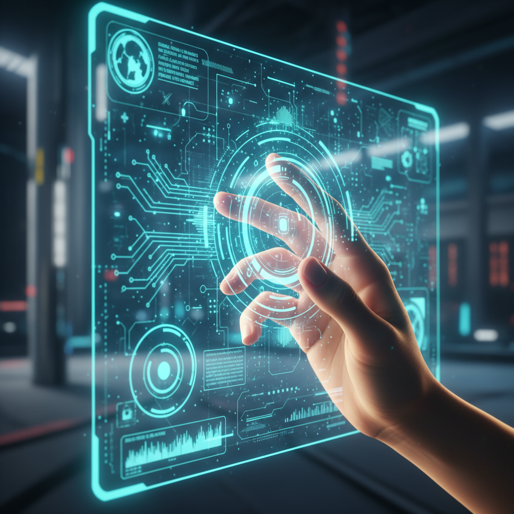 Primer plano de una mano tocando una pantalla holográfica transparente de color cian con una interfaz de usuario futurista que muestra circuitos, gráficos y datos.