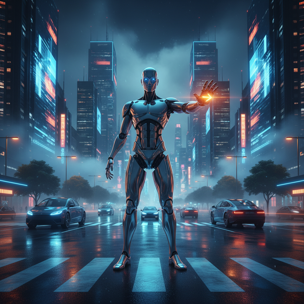 Robot humanoide plateado con ojos azules luminosos y una mano levantada mostrando un símbolo de parada naranja brillante, parado en un paso de cebra de una calle mojada. Alrededor hay coches modernos y rascacielos futuristas con luces de neón azules y naranjas en una ciudad nocturna.} {