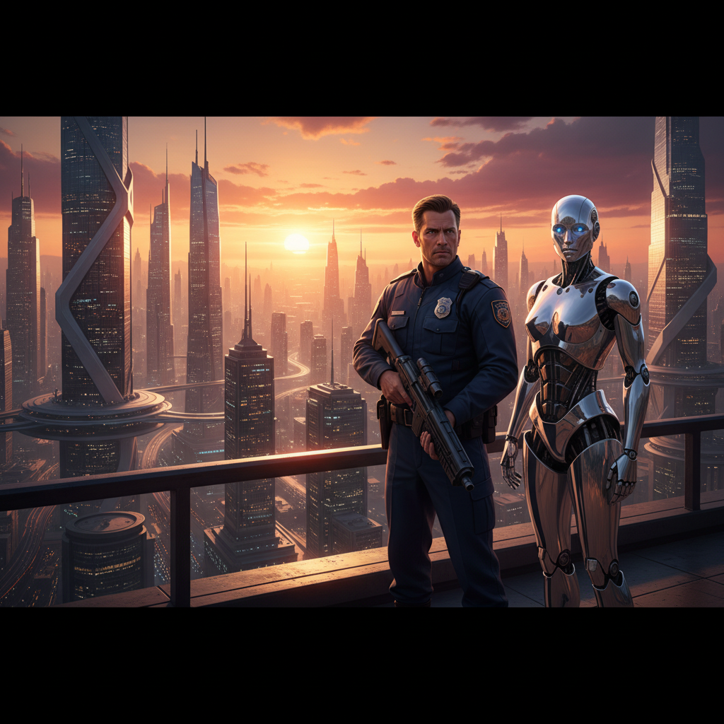 Un oficial de policía humano con un rifle y un robot humanoide plateado están de pie en una azotea con un paisaje urbano futurista al atardecer de fondo.