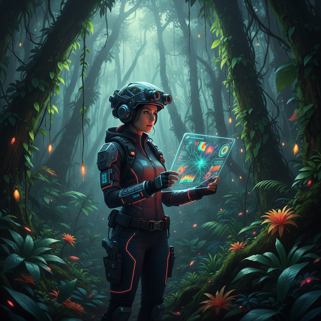 Mujer con traje futurista oscuro y casco, sosteniendo una tableta holográfica que muestra datos gráficos brillantes, en un denso bosque tropical con árboles altos, lianas y plantas bioluminiscentes en un ambiente brumoso.