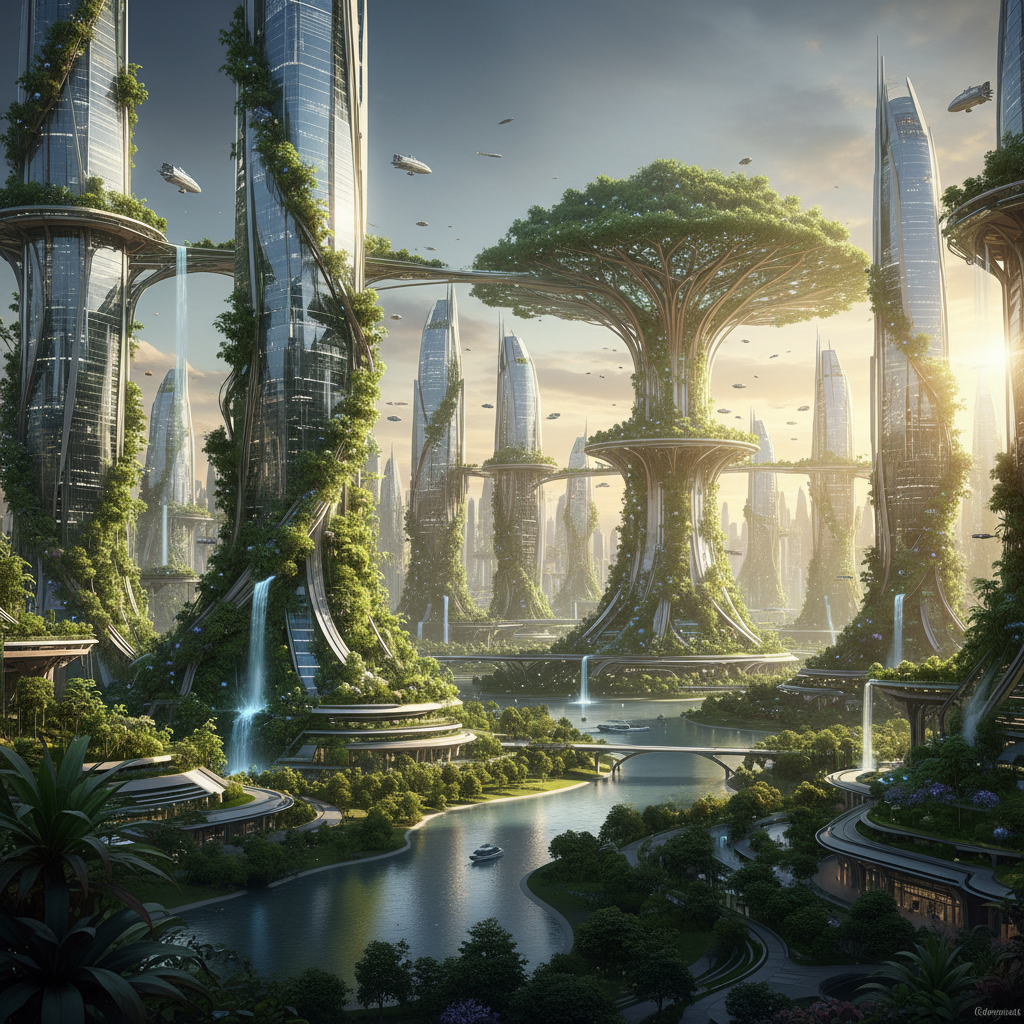 Paisaje urbano futurista con rascacielos altos cubiertos de vegetación y cascadas, grandes estructuras de árboles, un río serpenteante con barcos, puentes elevados y vehículos voladores en el cielo claro.