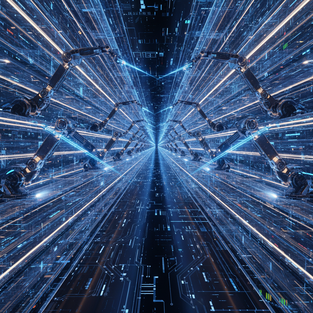 Túnel digital futurista con múltiples brazos robóticos industriales luminosos a cada lado y líneas de datos azules y blancas que convergen en la distancia, evocando un entorno de alta tecnología y automatización.