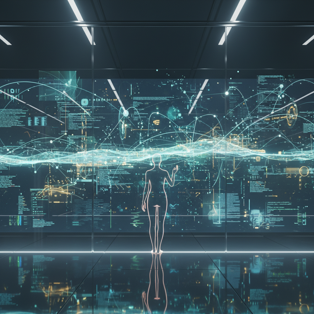 Una figura humana semitransparente y brillante, vista de espaldas, se alza en un espacio oscuro y moderno. La figura mira hacia una pared de pantallas gigantes que muestran una compleja red de información digital, gráficos, líneas de datos luminosas en tonos azules y dorados, y texto técnico. El suelo es reflectante, duplicando la imagen de la figura y las luces de las pantallas.