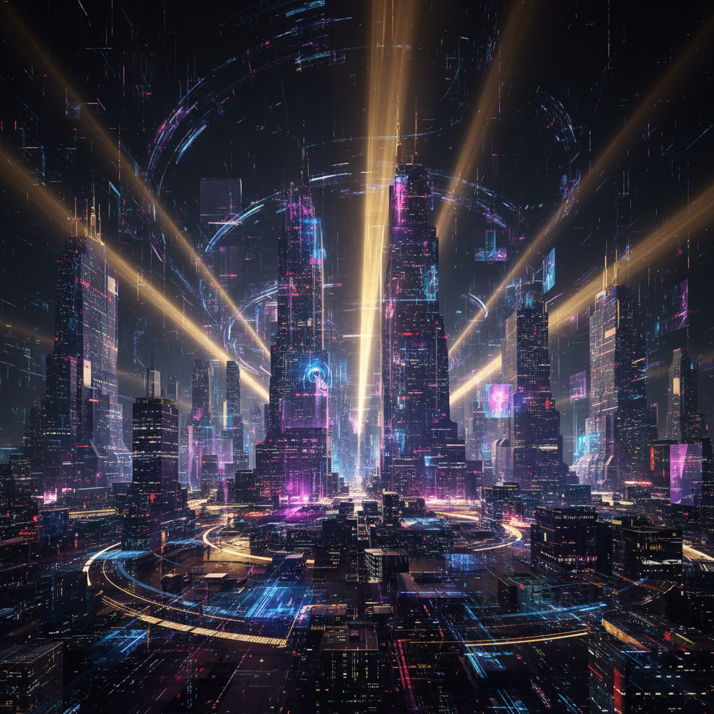 Paisaje urbano futurista de noche, con rascacielos iluminados en neón morado y azul, rayos de luz dorada ascendentes y patrones digitales luminosos en el cielo y las calles.