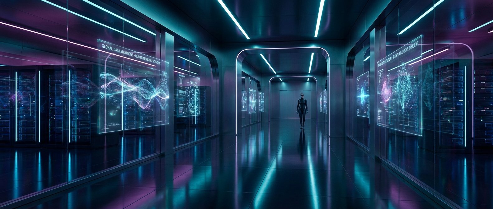 Un pasillo futurista en un centro de datos con racks de servidores visibles detrás de paneles de cristal y pantallas holográficas interactivas que muestran gráficos de datos complejos en tonos cian y magenta. Una persona vestida con ropa oscura y elegante camina por el centro del pasillo, cuyo suelo reflectante duplica las luces de neón y las pantallas.