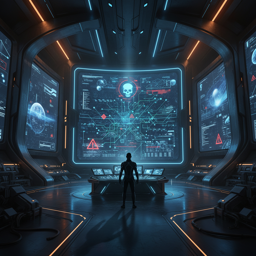 Un individuo de espaldas con un traje futurista observa una gran pantalla central en una sala de control de alta tecnología. La pantalla principal muestra un diagrama de red con un icono de calavera azul y múltiples alertas rojas, mientras que pantallas laterales exhiben datos y advertencias en un entorno con luces de neón azules y naranjas.