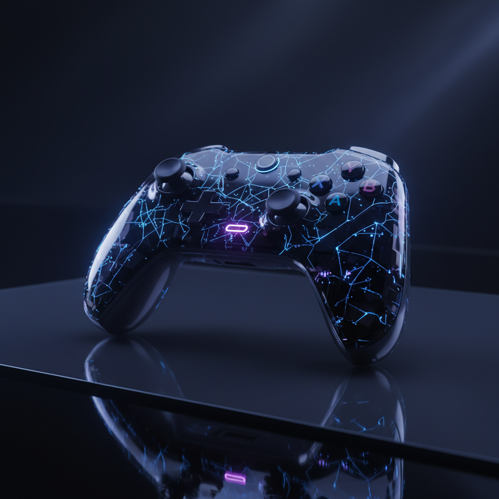 Mando de videojuegos negro con intrincados patrones luminosos de red en tonos azules y púrpuras, sobre una superficie reflectante oscura. El controlador muestra botones de acción iluminados y un indicador central púrpura.