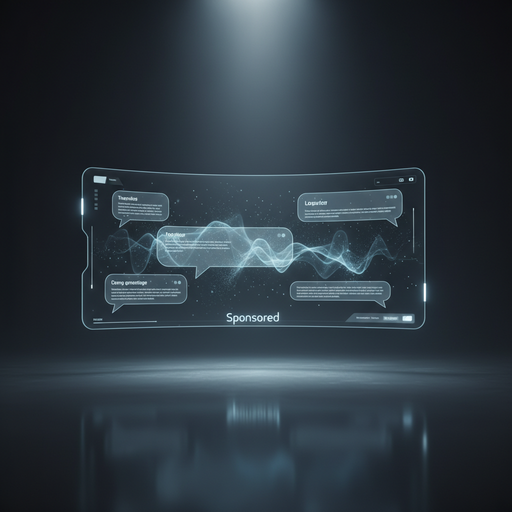 Interfaz de pantalla holográfica transparente y curvada, mostrando ondas de luz azul, partículas y burbujas de diálogo con texto digital futurista, en un entorno oscuro con reflejos en el suelo. En la parte inferior se lee 'Sponsored'.