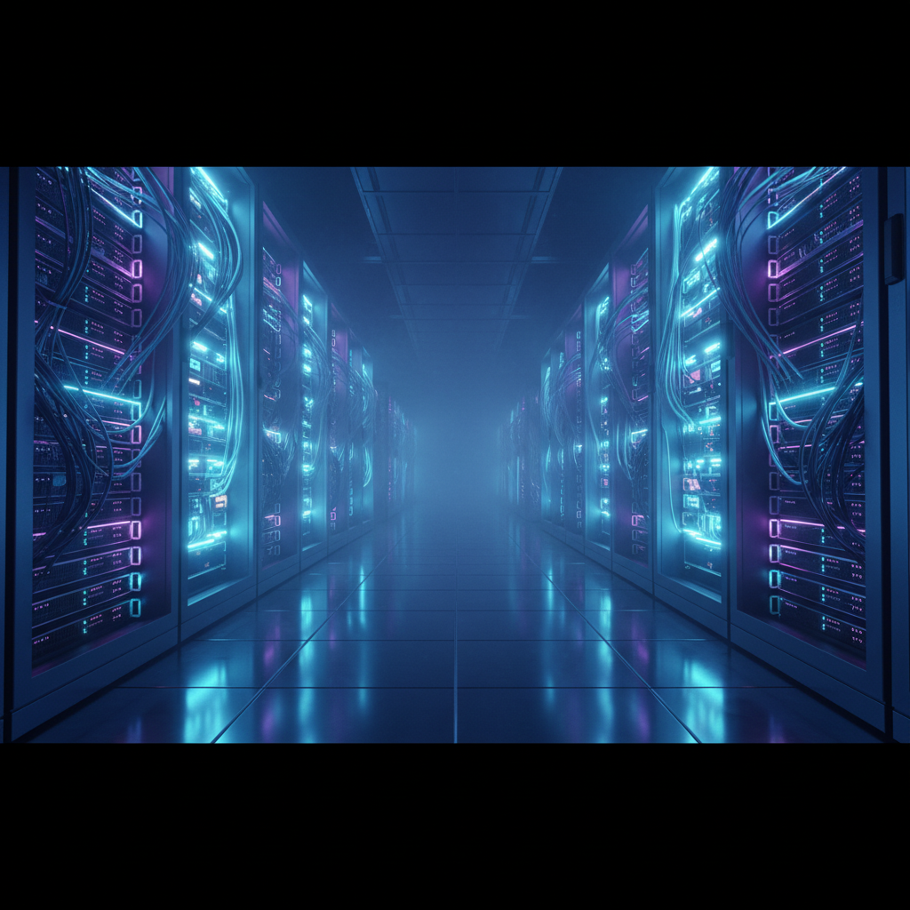 Un pasillo largo en un centro de datos con racks de servidores a ambos lados, iluminados con intensas luces de neón azules y moradas. El suelo brillante refleja las luces de los equipos tecnológicos, y hay una ligera niebla en la distancia.