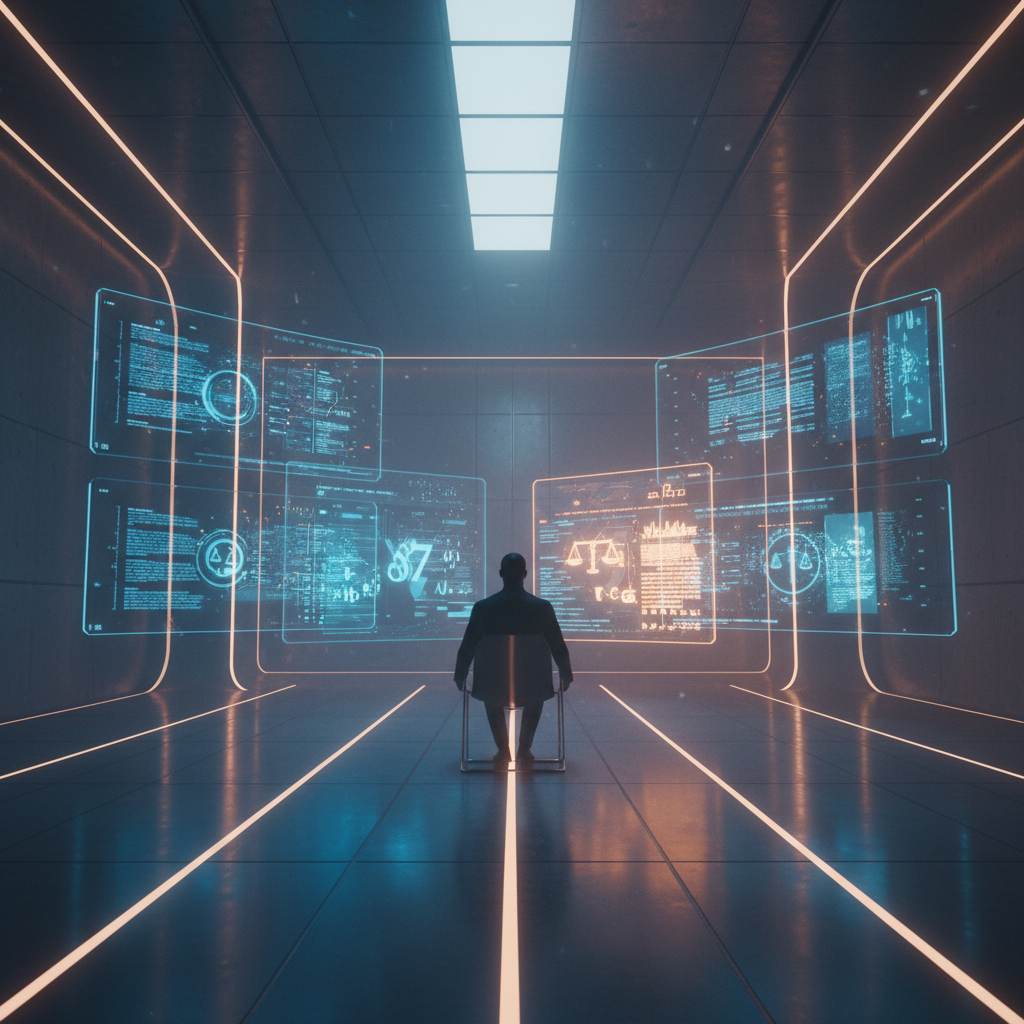 Un hombre sentado de espaldas en una silla frente a múltiples pantallas holográficas con datos y gráficos en una sala oscura futurista con iluminación naranja.