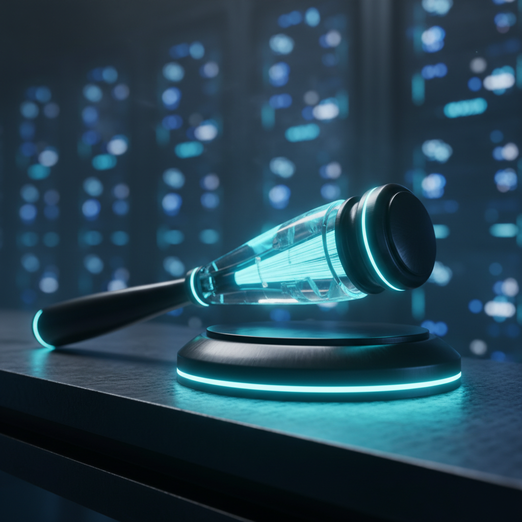 Mazo de justicia de aspecto tecnológico, con una cabeza transparente que muestra un diseño interno iluminado en azul brillante y un mango oscuro. Está apoyado sobre un soporte circular a juego, con un contorno luminoso azul. El fondo presenta luces digitales borrosas.