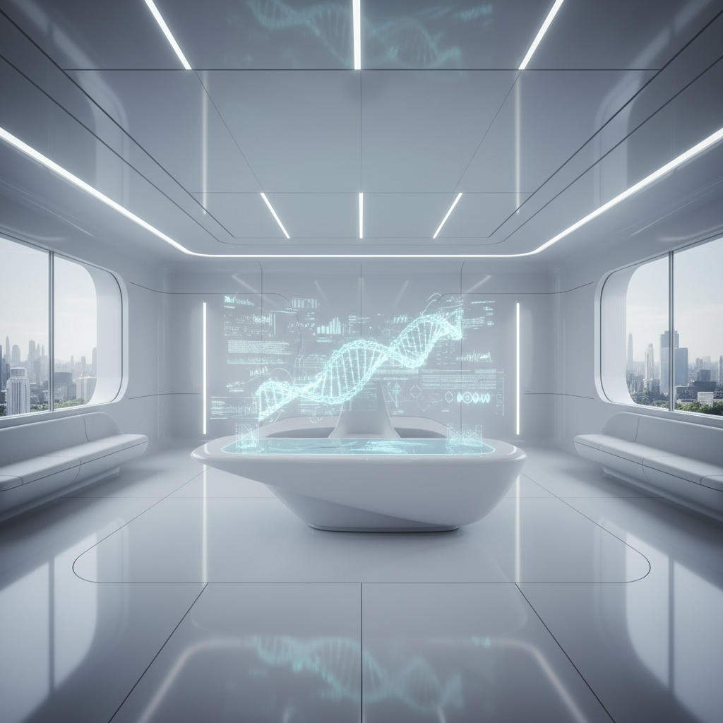 Interior de una sala futurista blanca y minimalista. Una mesa central proyecta una doble hélice de ADN holográfica en color azul, y en la pared de fondo hay pantallas con gráficos de datos. A los lados, grandes ventanas muestran una ciudad y hay sofás blancos.