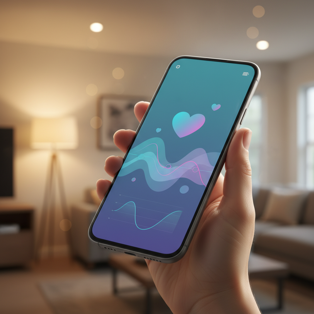 Una mano sostiene un smartphone con una aplicación de monitoreo de salud que muestra un corazón degradado, formas de onda abstractas y un gráfico de línea sobre un fondo borroso de una sala de estar.
