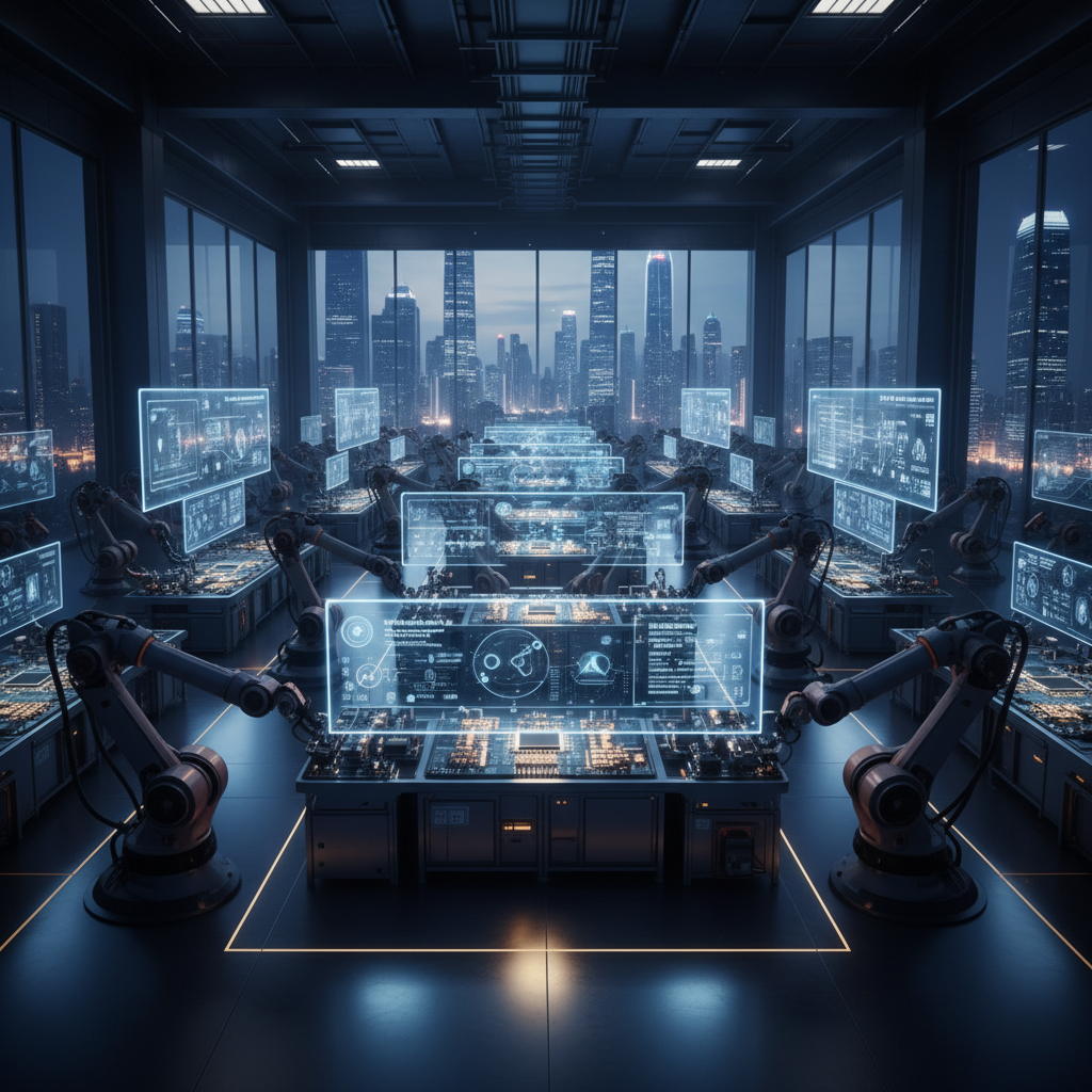 Un laboratorio futurista o sala de control con múltiples estaciones de trabajo, cada una equipada con brazos robóticos y pantallas holográficas azules que muestran datos técnicos y circuitos. La sala tiene grandes ventanales que ofrecen vistas a un horizonte urbano de rascacielos iluminados al anochecer.