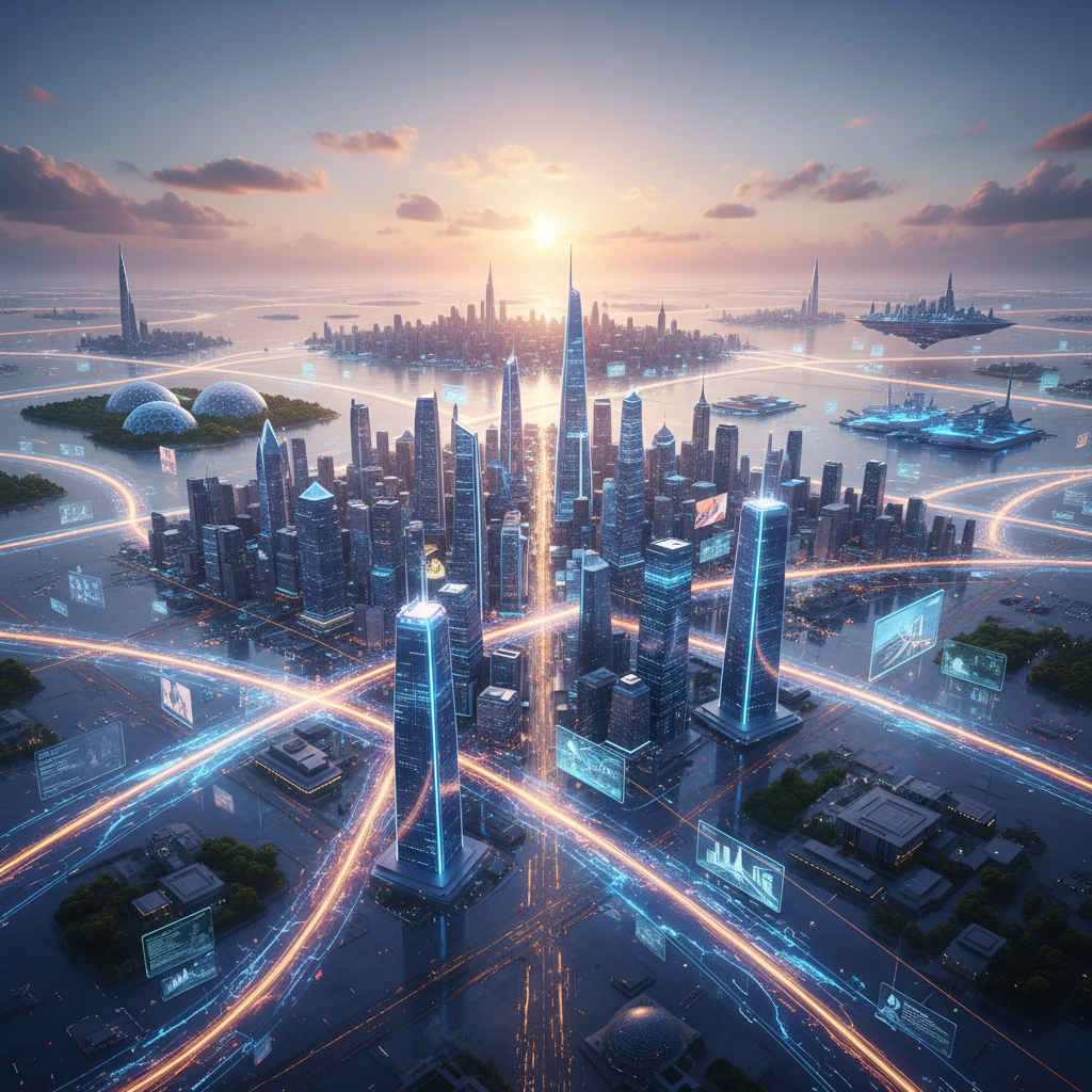 Vista aérea de una ciudad futurista al atardecer, con rascacielos modernos, redes luminosas de datos y energía, pantallas holográficas flotantes y edificaciones innovadoras sobre islas y plataformas.