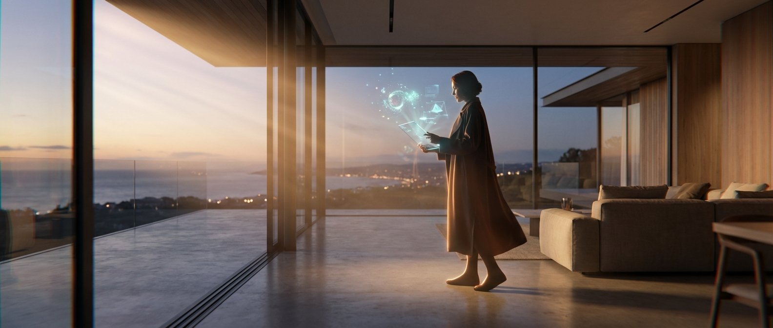 Mujer con abrigo sostiene una tablet holográfica en un moderno salón con grandes ventanales, disfrutando de vistas al mar y la costa al atardecer.