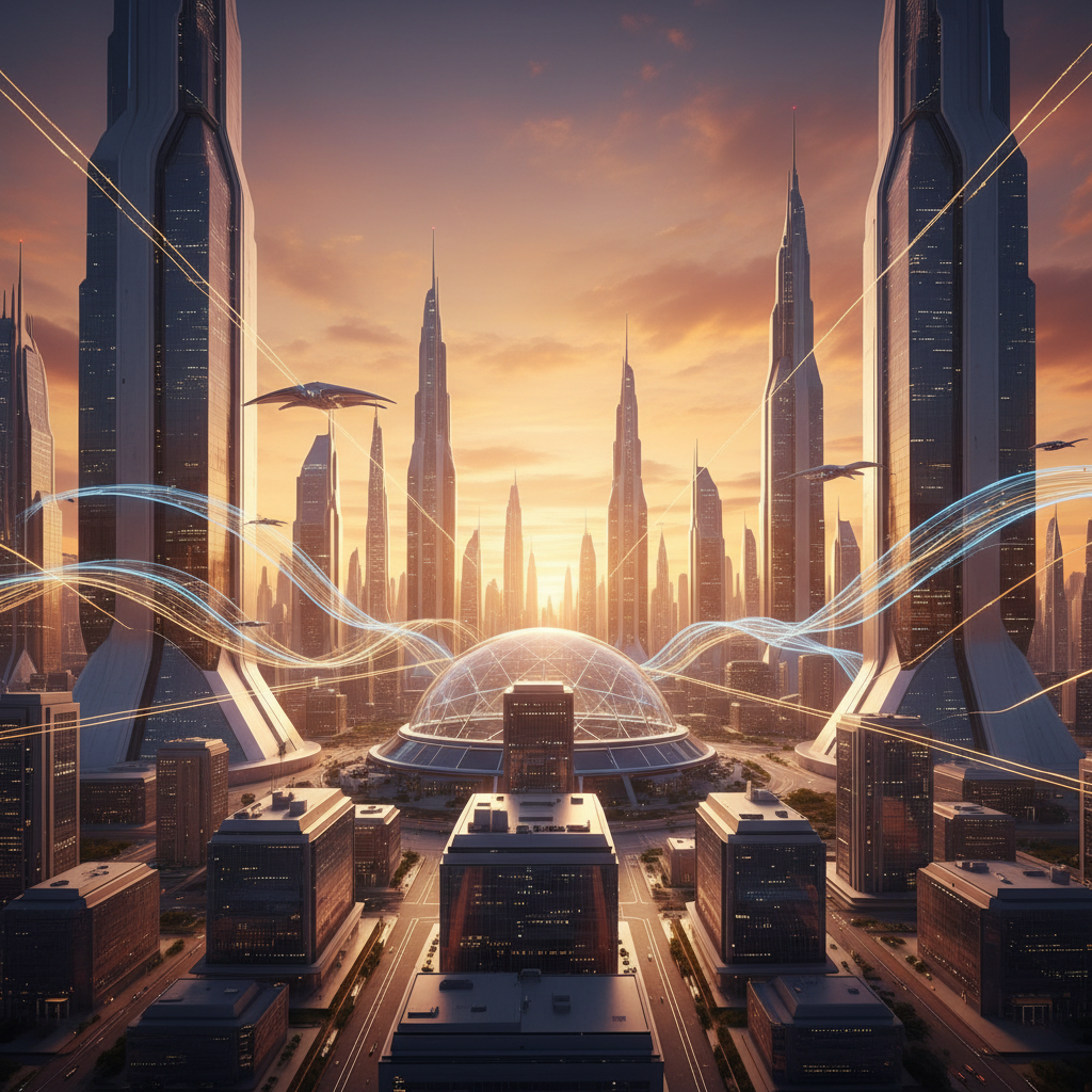 Vista aérea de una ciudad futurista con rascacielos altos, edificios modernos, una gran cúpula geodésica central, vehículos voladores y líneas de energía luminosas en un cielo anaranjado al atardecer.